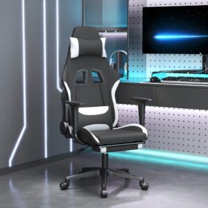 Massage Gaming Chair with Footrest Black and White Fabric