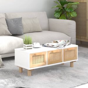 Elegant White Coffee Table Engineered Wood Solid Pine Feet Rattan Drawers