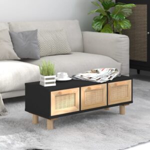 Elegant Black Coffee Table Engineered Wood Solid Pine Feet Rattan Drawers