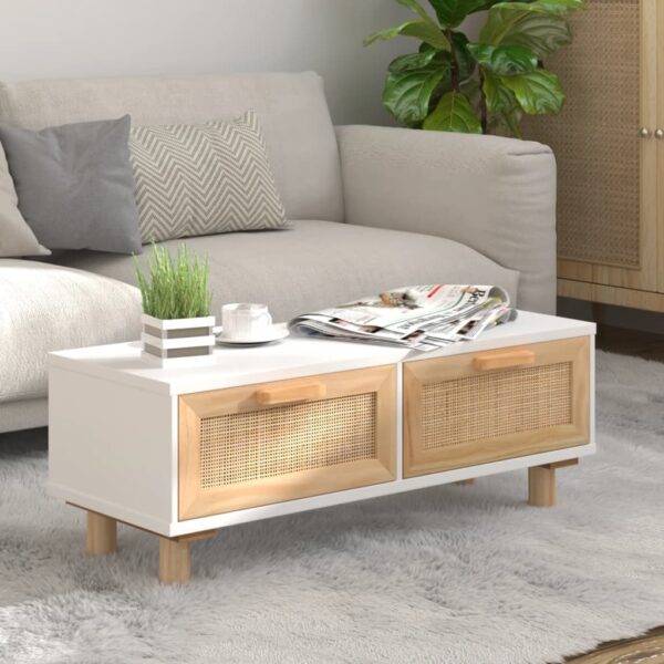 Elegant White Coffee Table with Rattan Drawers Solid Pine Feet Modern Storage