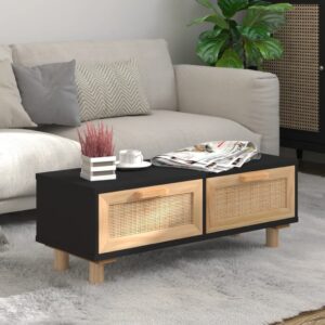 Elegant Black Coffee Table Engineered Wood Solid Pine Feet Rattan Drawers