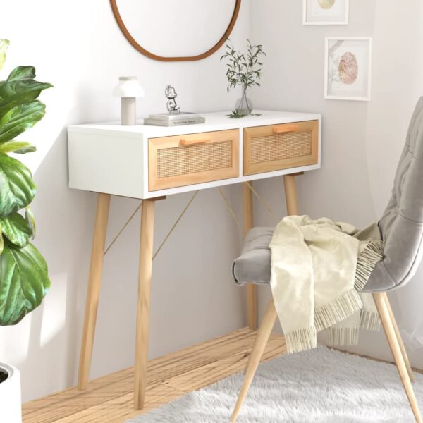 Scandinavian Solid Wood Pine Console Table with Natural Rattan Drawers White