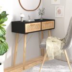 Scandinavian Solid Wood Pine Console Table with Natural Rattan Drawers Black