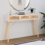 Scandinavian Solid Wood Pine Console Table with Natural Rattan Drawers