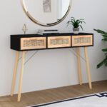 Console Table Black 105x30x75 cm Solid Wood Pine&Natural Rattan