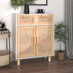 Chic White Solid Wood Pine & Natural Rattan Sideboard Storage Cabinet Organizer