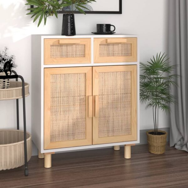 Chic White Solid Wood Pine & Natural Rattan Sideboard Storage Cabinet Organizer