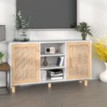 Chic White Solid Wood Pine & Natural Rattan Sideboard Storage Cabinet Organizer