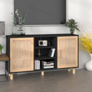 Chic Black Sideboard Solid Wood Pine & Natural Rattan Storage Cabinet Organizer