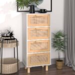 Chic White Solid Wood Pine & Natural Rattan Sideboard Storage Cabinet Organizer