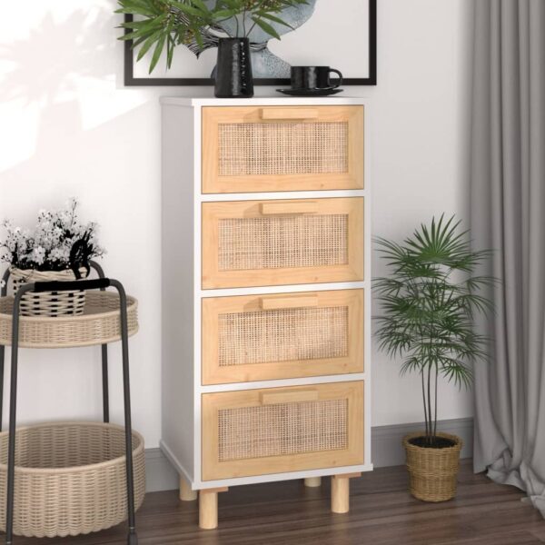 Chic White Solid Wood Pine & Natural Rattan Sideboard Storage Cabinet Organizer