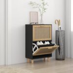 Scandinavian Black Shoe Storage Cabinet Engineered Wood Rattan Drawers