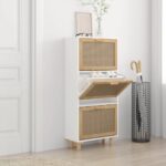 Scandinavian White Shoe Storage Cabinet Engineered Wood Rattan Drawers