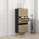 Scandinavian Black Shoe Storage Cabinet Engineered Wood Rattan Drawers Organizer