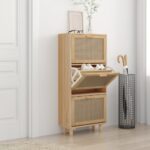 Scandinavian  Shoe Storage Cabinet Brown Engineered Wood Rattan Drawers