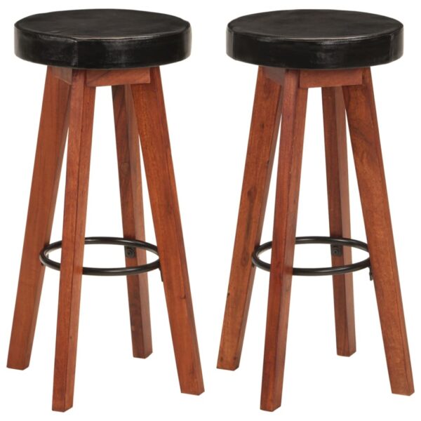 Bar Stools 2 pcs Real Leather and Solid Wood Acacia