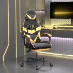 Swivel Gaming Chair with Footrest Black&Gold Faux Leather