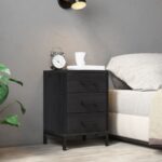 Vintage Industrial Solid Pine Wood Bedside Cabinet Black with Metal Feet Storage