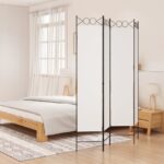 Elegant White Fabric Room Divider Privacy Screen Foldable Iron Frame Partition