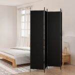 Elegant Black Fabric Room Divider Privacy Screen Foldable Iron Frame Partition