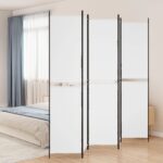 Elegant White Fabric Room Divider Privacy Screen Foldable Iron Frame Partition