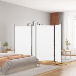 Elegant White Fabric Room Divider Privacy Screen Foldable Iron Frame Partition