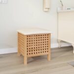 Solid Walnut Wood Bathroom Stool with Storage Cushioned Laundry Basket Ventilated