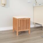 Solid Walnut Wood Bathroom Stool with Storage Cushioned Seat Laundry Basket