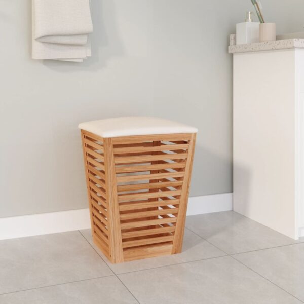 Solid Walnut Wood Bathroom Stool with Storage Cushioned Laundry Basket