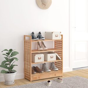 Solid Walnut Wood Shoe Rack Organizer with Drawer Ample Storage Space Handle Design