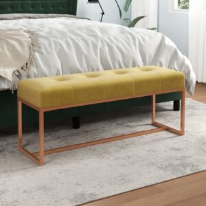 Luxurious Mustard Yellow Velvet Bench - Soft Padded Seating  Metal & Wood Frame