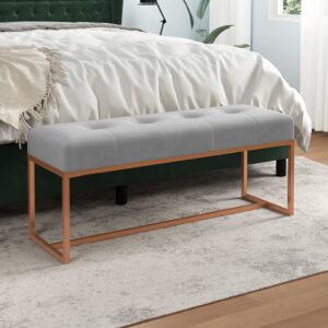 Luxurious Grey Velvet Bench - Soft Padded Seating  Metal & Wood Frame  Chic Decor