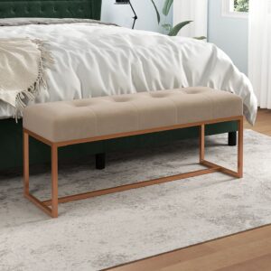 Elegant Beige Velvet Bench - Soft Luxurious Fabric  Comfortable Foam Padded Seat