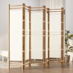 Folding Bamboo Canvas Room Divider Privacy Screen Partition Wall Decor Cream