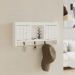 Elegant White Wall-Mounted Key Storage Cabinet with Hooks and Shelves