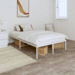 Elegant White Metal Double Bed Frame with Slats and Extra Storage Space