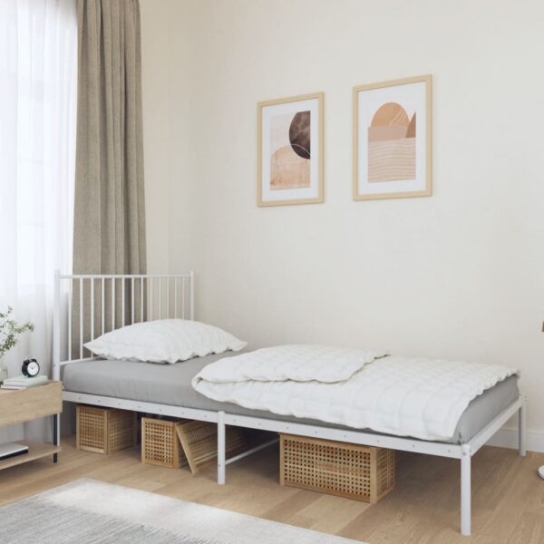 Elegant White Metal Bed Frame with Headboard Sturdy Steel Slats Storage Space