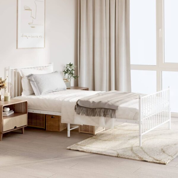 Elegant White Metal Bed Frame with Headboard Footboard Sturdy Steel Slats Support