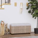 Elegant Woven Cattail Storage Benches with Grey Cushion Comfort Seating