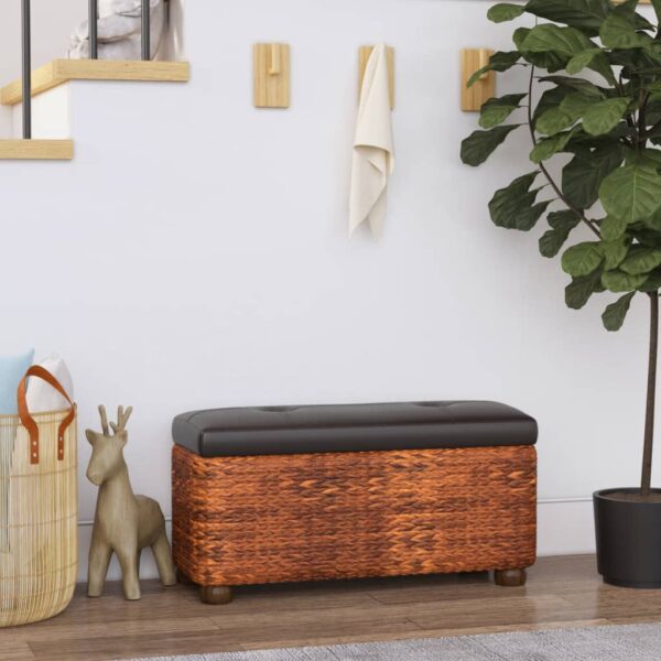 Elegant Woven Cattail Storage Benches with Comfortable Brown Cushion Seating