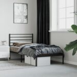 Elegant Single Metal Bed Frame with Headboard Sturdy Steel Slats Black Bedroom