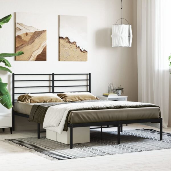 Elegant Double Metal Bed Frame with Headboard Sturdy Steel Slats Black Bedroom