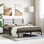 Queen Size Metal Bed Frame with Headboard Elegant Black Steel Sturdy Design