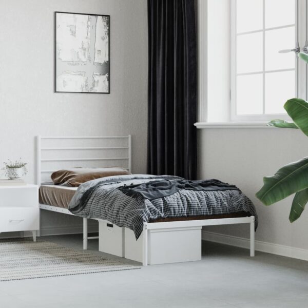 Elegant White Metal Single Bed Frame with Headboard Sturdy Steel Slats Storage