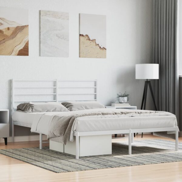 Elegant White Metal Double Bed Frame with Headboard Sturdy Steel Slats Support