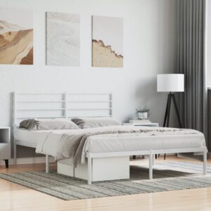 Queen Size White Metal Bed Frame with Elegant Headboard Sturdy Steel Construction