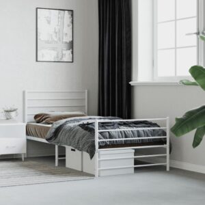 Elegant White Metal Single Bed Frame with Headboard Footboard Sturdy Slats