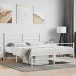 Elegant White Metal Queen Bed Frame with Headboard Footboard Sturdy Slats