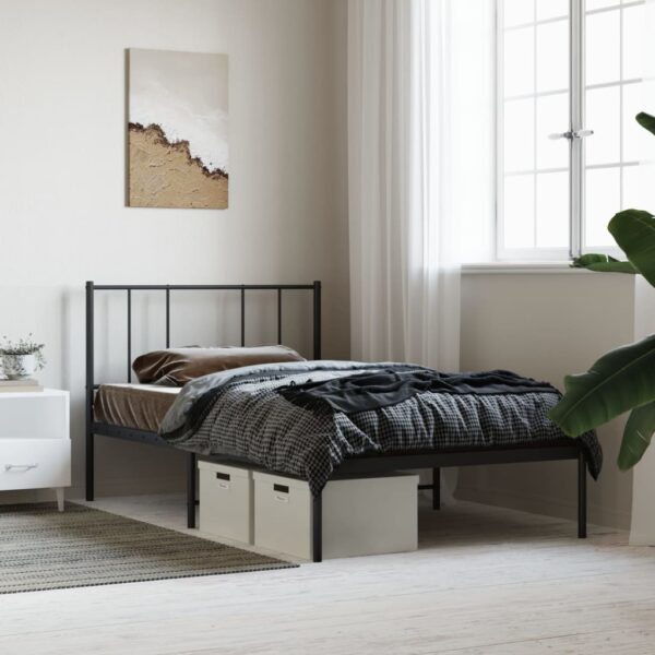 Elegant Single Metal Bed Frame with Headboard Sturdy Steel Slats Black Bedroom