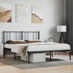 Elegant Black Metal Double Bed Frame with Headboard Sturdy Slatted Base Storage